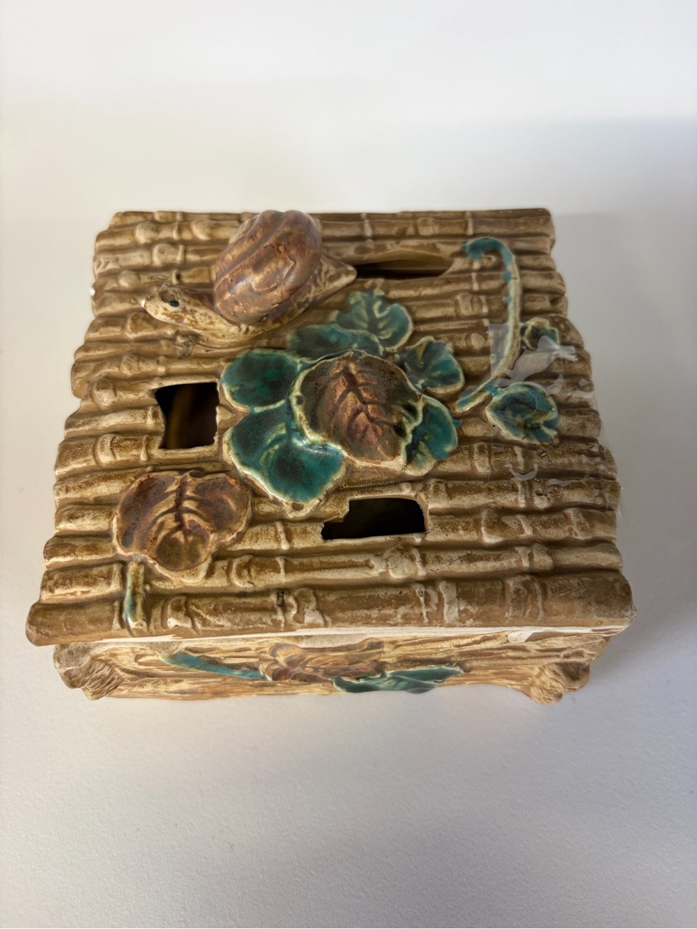 Vintage Majolica Snail & Bamboo Ceramic Trinket Box Made in Japan Mid Century